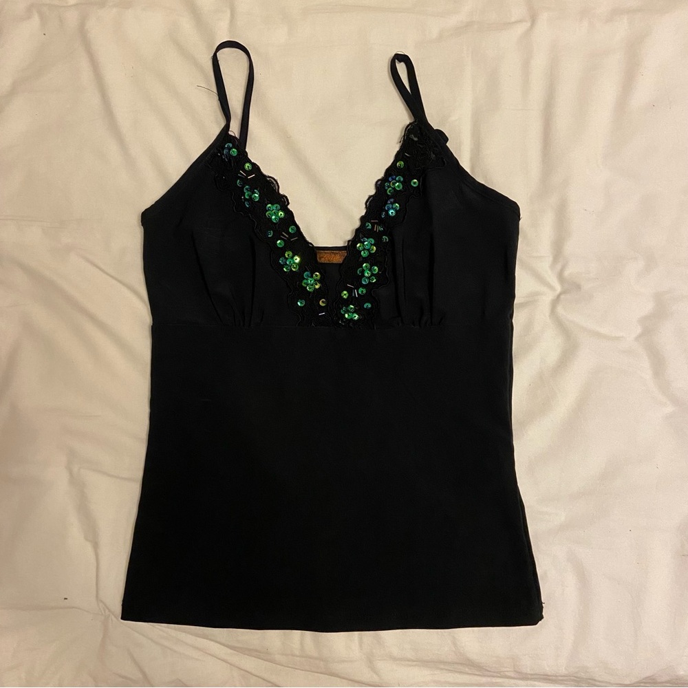 black y2k stretchy tank top with green/holographic beaded flowers and sequins.